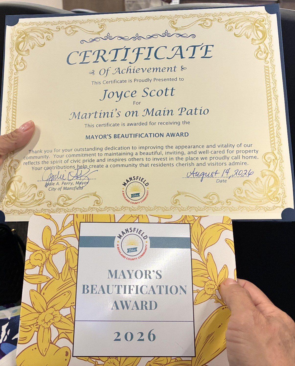 City of Mansfield Certificate of Achievement presented to Joyce Scott for Martini's on Main Patio for receiving the 2026 Mayor's Beautification Award, dated August 14, 2026