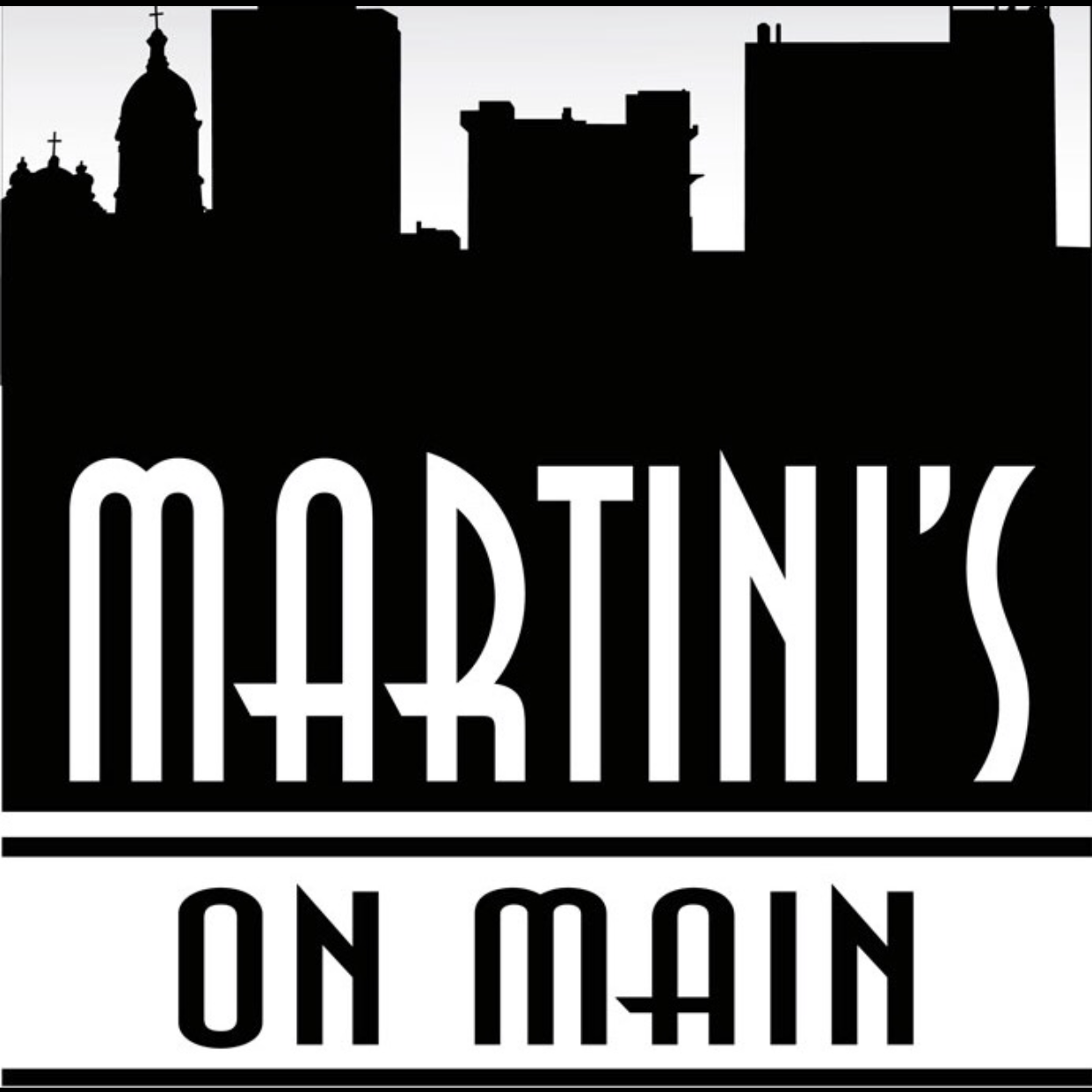 Martini's on Main logo — downtown Mansfield skyline above Art Deco lettering